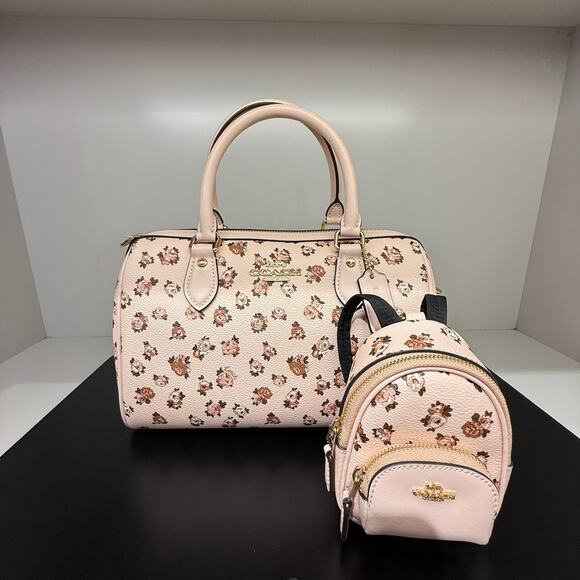 Coach CAA68 Mini Court Backpack Bag Charm With Rosette Print Gold/Blush Multi - Picture 9 of 9